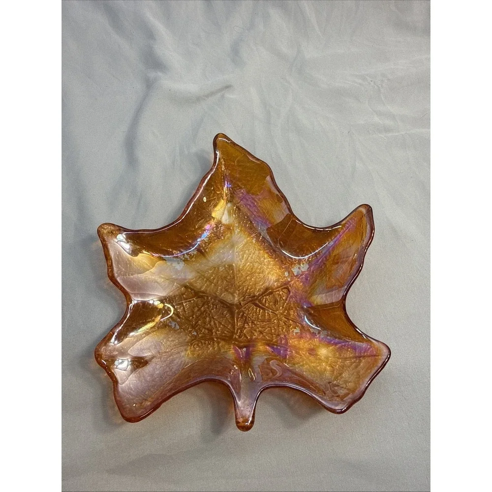 Vintage Iridescent Marigold Art Glass Maple Leaf Dish Candy Bowl Fall Decor